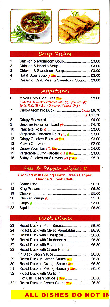 menu of Alans cantonese chinese Paignton