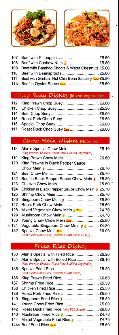 menu of Alans cantonese chinese Paignton