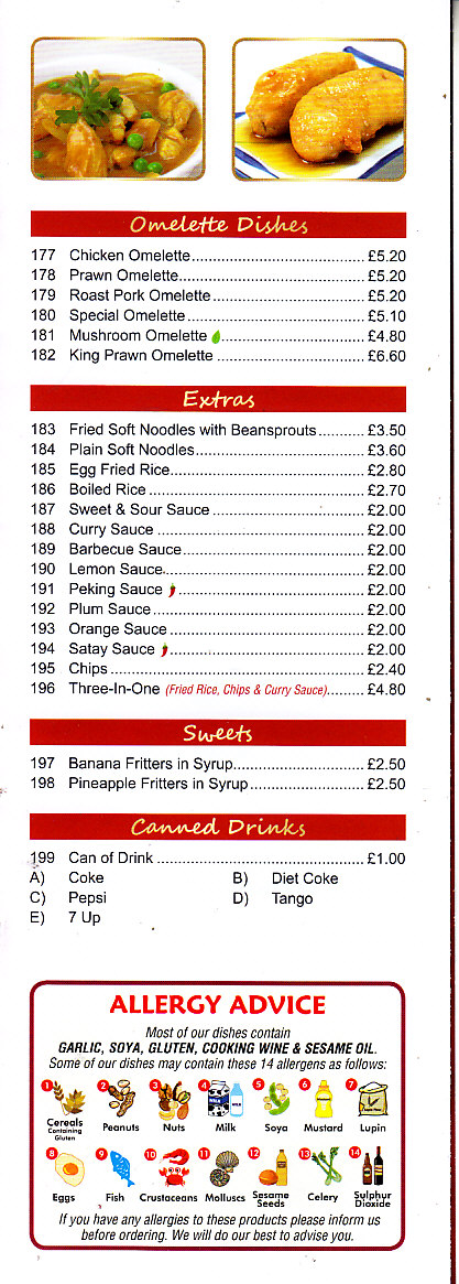 menu of Alans cantonese chinese Paignton