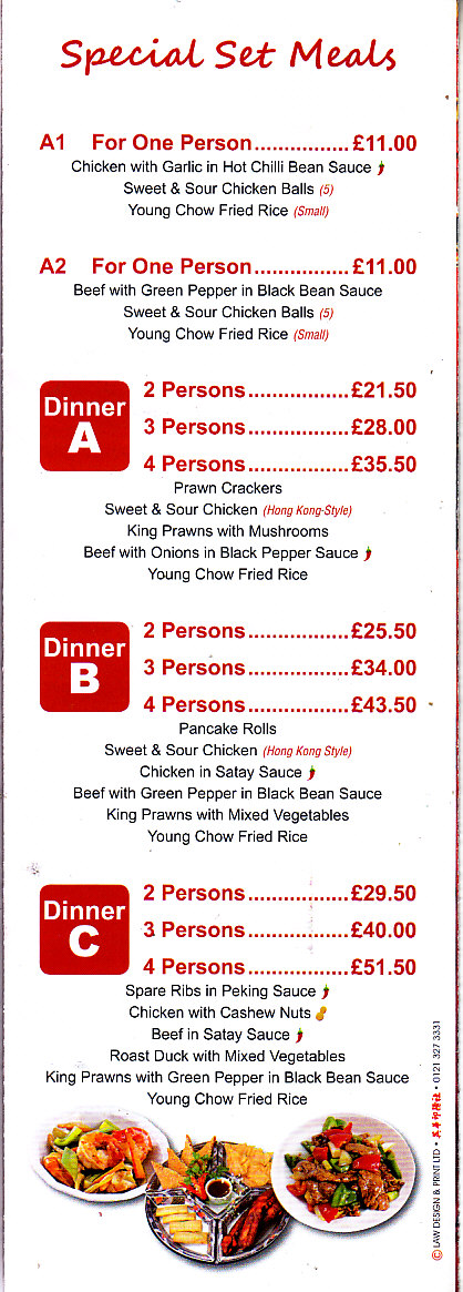 menu of Alans cantonese chinese Paignton